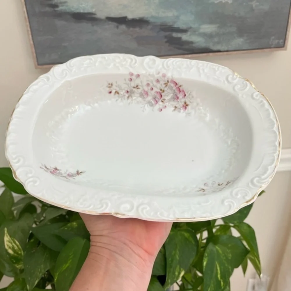 Vintage Victoria Austria Vegetable Side Dish White with Petite Pink Flowers